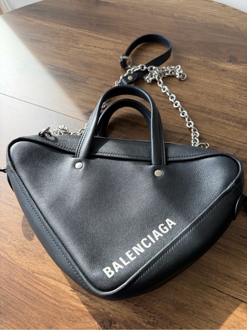 Balenciaga Black Triangle Crossbody Bag with Silver Chain